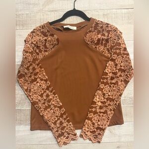 Elegant Brown Lace Sleeve Top